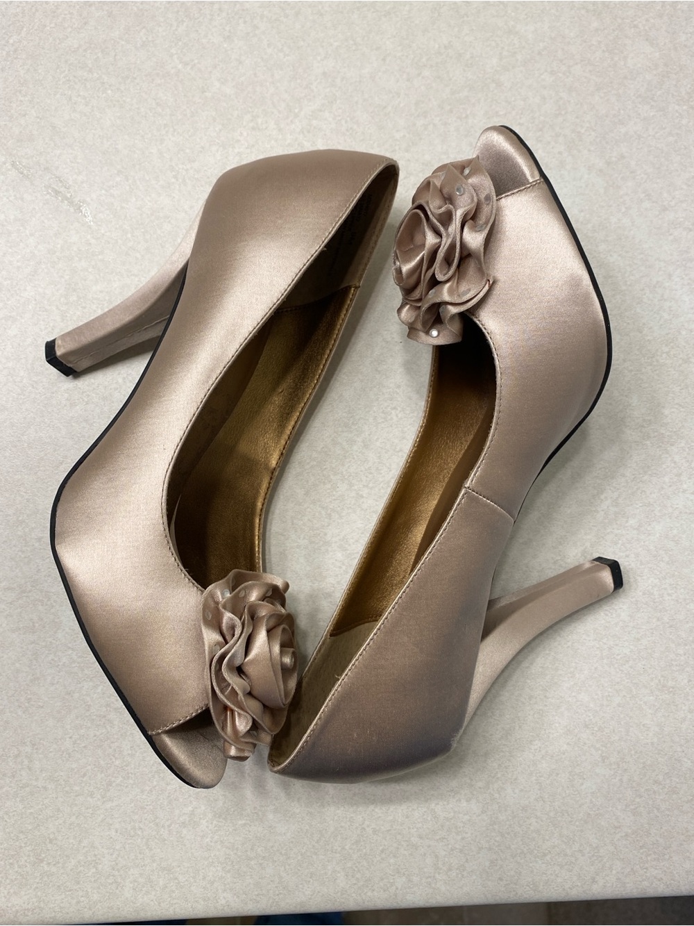 me too Satin Peep-Toe Heels with Rosette Accent in Champagne Taupe